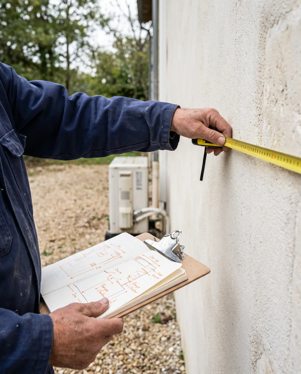 Mesure de l’emplacement d’une pompe à chaleur avant installation, croquis annoté à la main