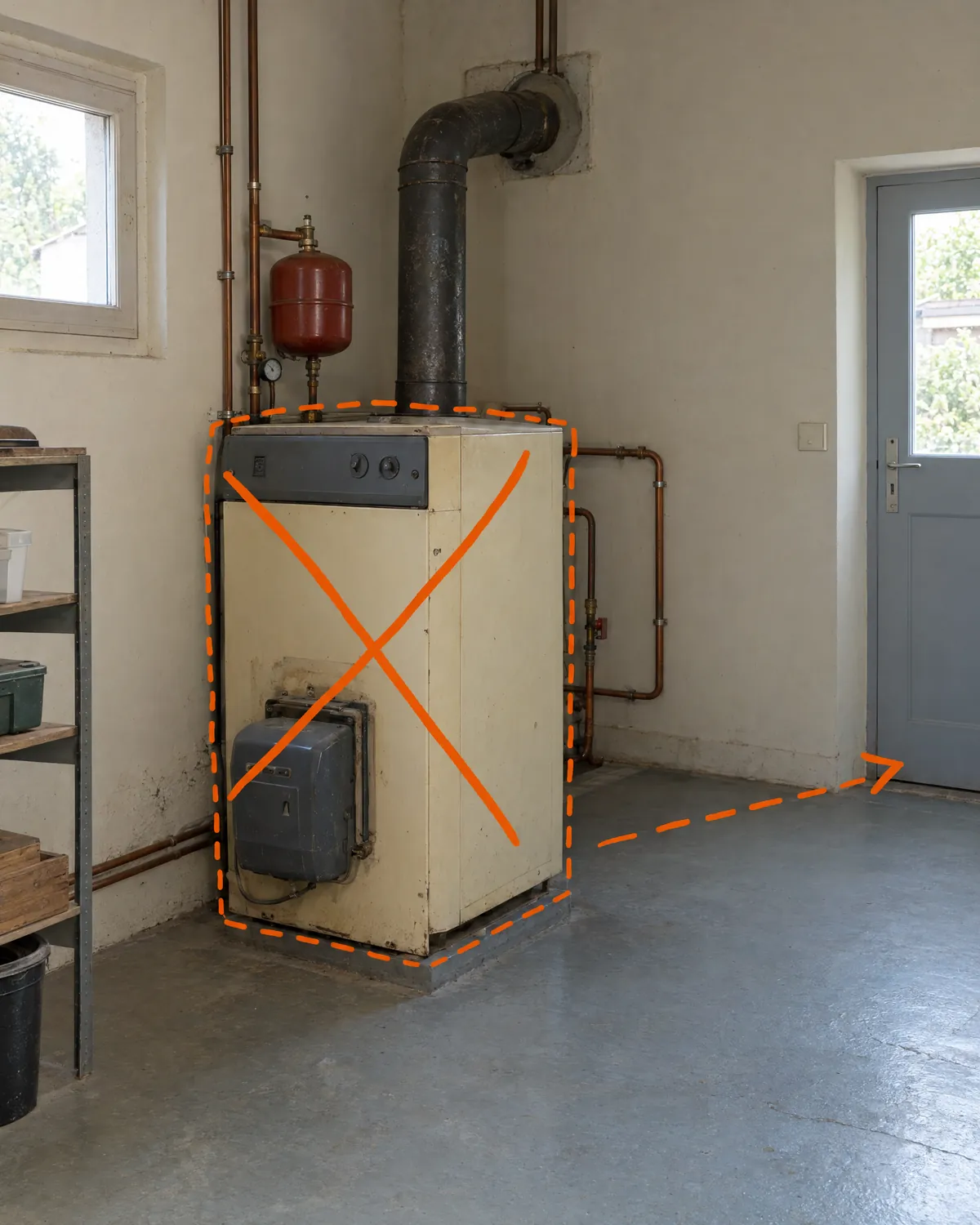 Ancienne chaudière au fioul barrée d'une croix orange, prête à être déposée