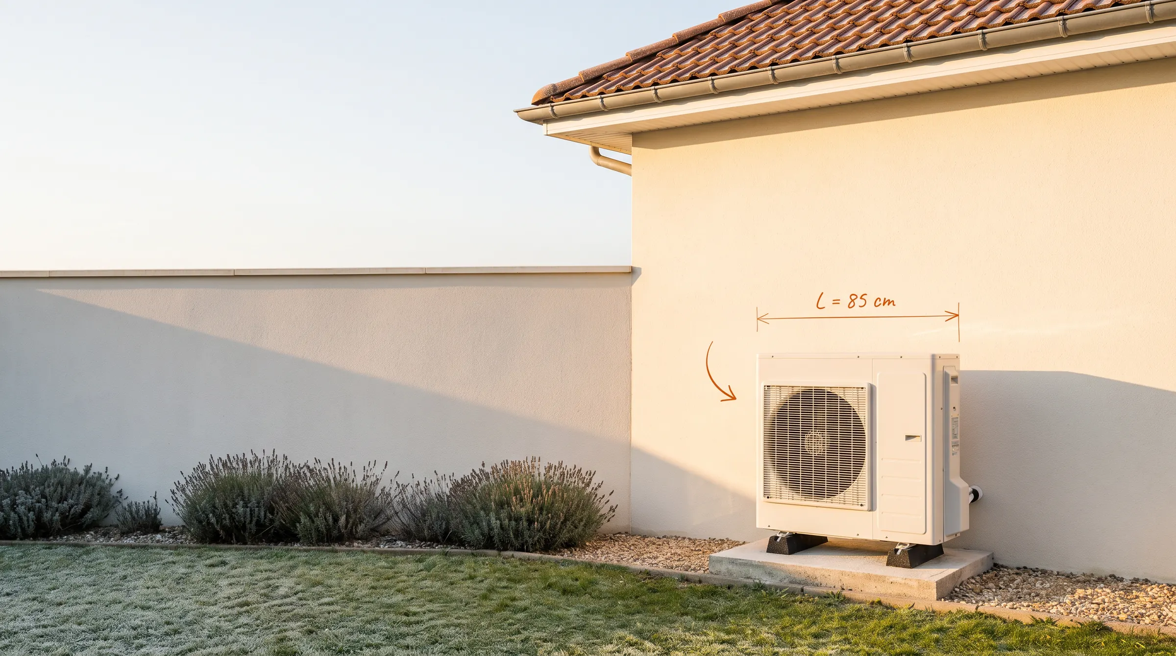 Pompe à chaleur air/eau posée contre un pavillon, annotée comme sur un plan
