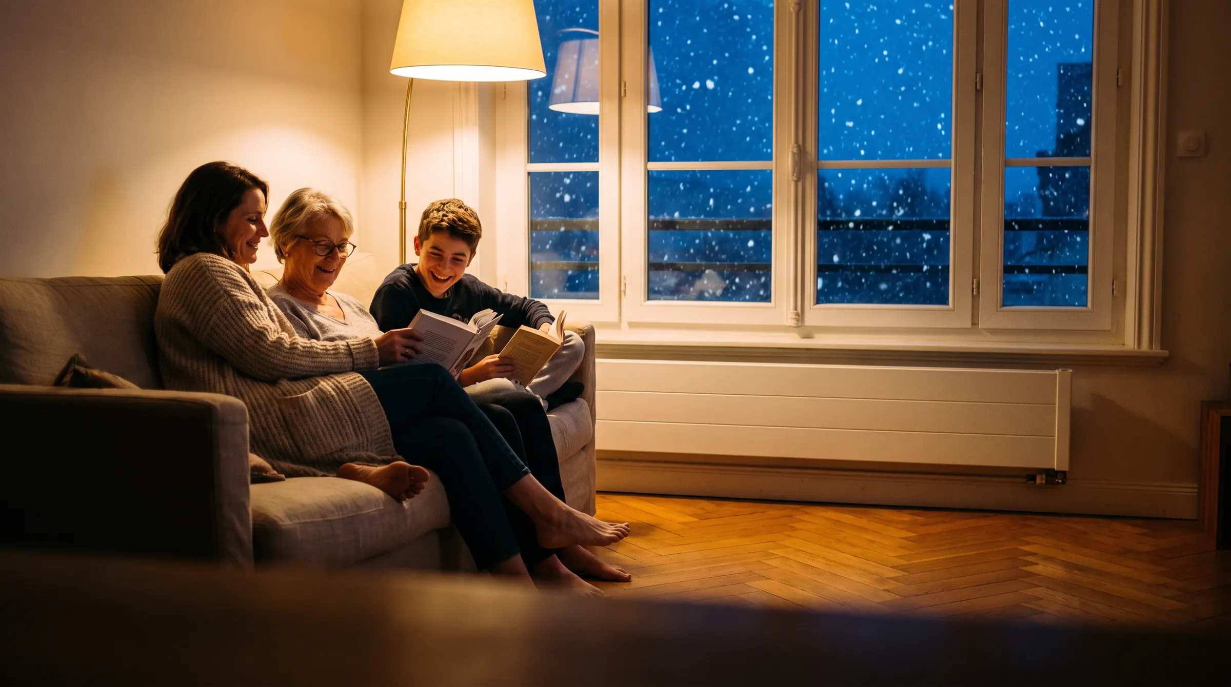 Famille au chaud dans son salon un soir de neige